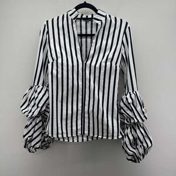 Greysn Black White Stripe Side Zipper Puff Balloon‎ Sleeve Blouse - Picture 1 of 8